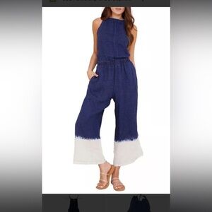 Bella Dahl Bleach Dip Navy and White Linen Wide-Leg Jumpsuit M